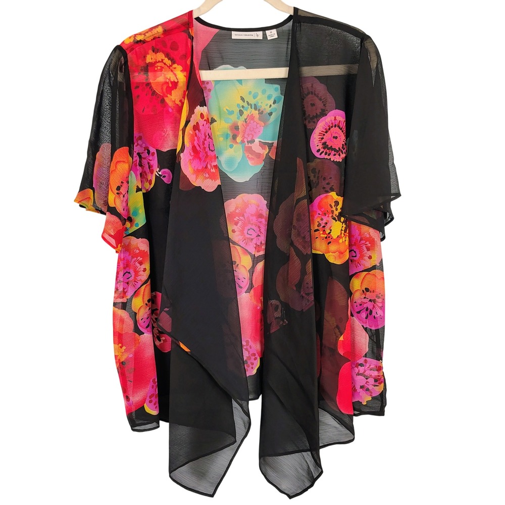 Susan Graver Womens 1X Floral Chiffon Kimono Cardigan Multicolor Boho Summer